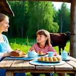 A family enjoying a peaceful afternoon on a traditional Russian farm veranda. A mature adult woman and two children (approximately 8-10 years old) are seated at a rustic wooden table, adorned with a simple teapot, homemade jam, and pastries. They are fully clothed in modest, comfortable, and appropriate attire, with expressions of calm enjoyment. In the background, a lush green field extends to the horizon, with a few cows gently grazing under a clear blue sky. The scene is bathed in natural, warm light. Professional photography, high quality, realistic, natural pose, perfect anatomy, correct proportions, well-formed hands, proper finger count, natural body proportions, family-friendly, safe for work, appropriate content.