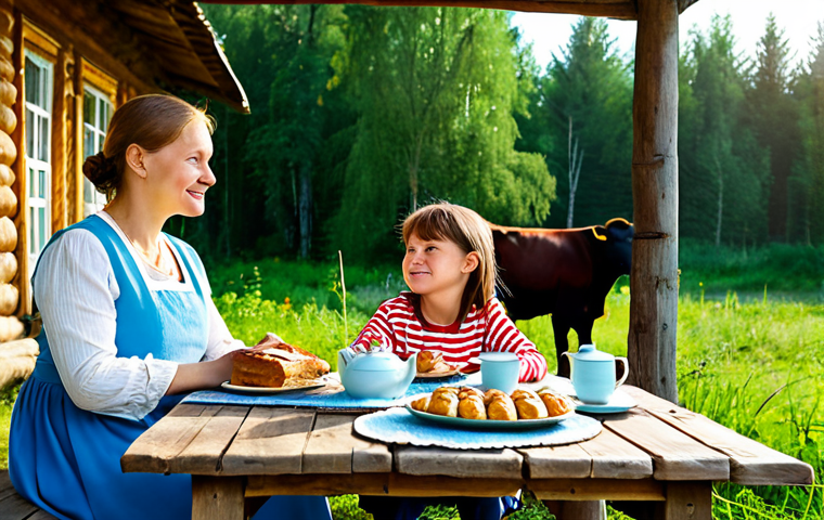 A family enjoying a peaceful afternoon on a traditional Russian farm veranda. A mature adult woman and two children (approximately 8-10 years old) are seated at a rustic wooden table, adorned with a simple teapot, homemade jam, and pastries. They are fully clothed in modest, comfortable, and appropriate attire, with expressions of calm enjoyment. In the background, a lush green field extends to the horizon, with a few cows gently grazing under a clear blue sky. The scene is bathed in natural, warm light. Professional photography, high quality, realistic, natural pose, perfect anatomy, correct proportions, well-formed hands, proper finger count, natural body proportions, family-friendly, safe for work, appropriate content.