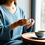 A person in modest, comfortable loungewear, sitting in a cozy armchair by a window, gently holding a warm ceramic teacup with both hands. A small wooden table beside them holds a delicate teapot and a plate with a few fresh berries and almonds. Soft, diffused natural light fills the serene living room, creating a peaceful atmosphere. Their expression is calm and contemplative. Perfect anatomy, correct proportions, natural pose, well-formed hands, proper finger count, natural body proportions, professional photography, high quality, safe for work, appropriate content, fully clothed, family-friendly.