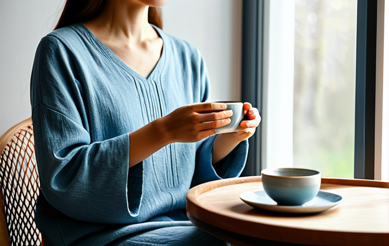 A person in modest, comfortable loungewear, sitting in a cozy armchair by a window, gently holding a warm ceramic teacup with both hands. A small wooden table beside them holds a delicate teapot and a plate with a few fresh berries and almonds. Soft, diffused natural light fills the serene living room, creating a peaceful atmosphere. Their expression is calm and contemplative. Perfect anatomy, correct proportions, natural pose, well-formed hands, proper finger count, natural body proportions, professional photography, high quality, safe for work, appropriate content, fully clothed, family-friendly.